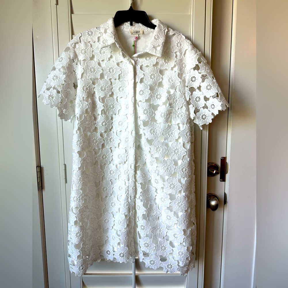 White Floral Overlay, Button Down dress, size L